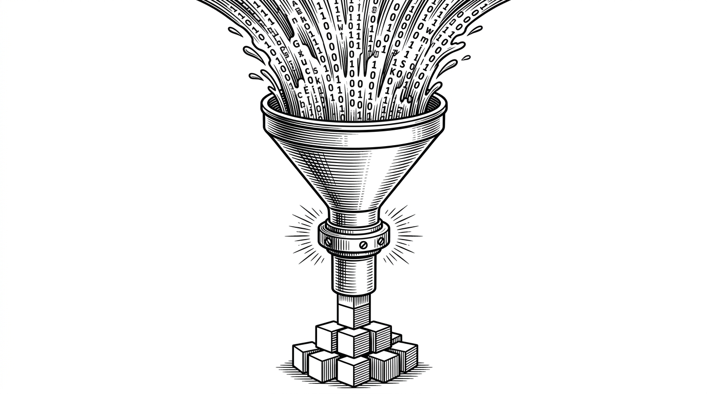 A chaotic waterfall of liquid data falling into a precision-engineered funnel, emerging as perfectly uniform blocks.