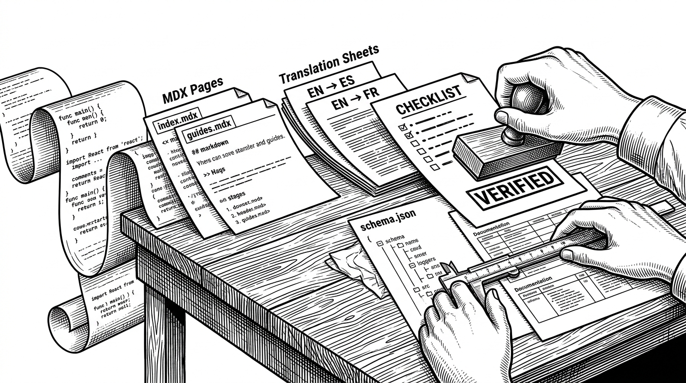 A black ink editorial scene of a meticulous workbench covered with MDX pages, source files, translated sheets, and a stamped checklist. The image explains that this documentation repo behaves like a control system, not a passive content folder.