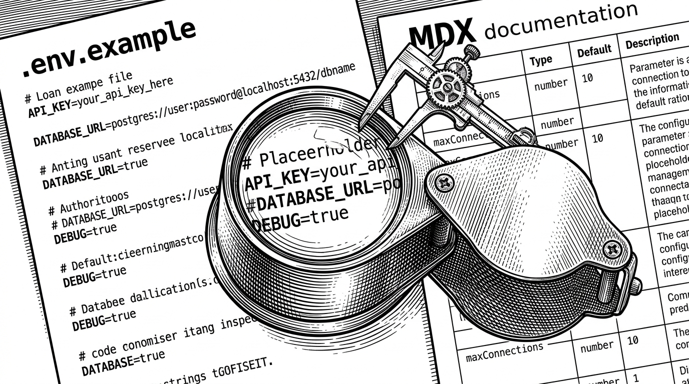 A close-up black ink illustration of a jeweler’s loupe comparing a `.env.example` sheet against a documentation table. A thin inspection arm measures names, defaults, and placeholder strings, explaining how the repo verifies configuration docs against source files.
