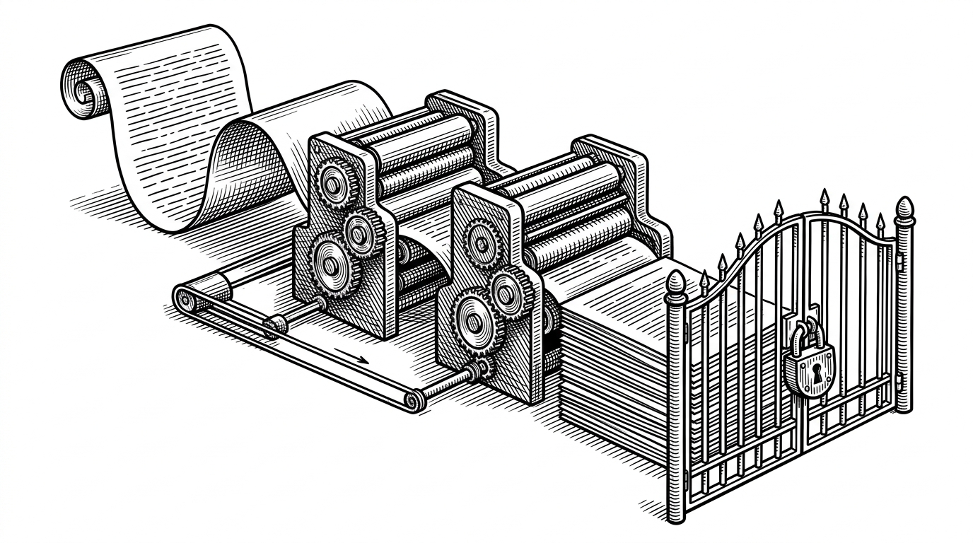 A black ink scene of an English manuscript flowing into two printing presses labeled by their output stacks rather than by text banners. A locked gate blocks anyone from editing the translated stacks directly, showing that translation is a derivative build step.