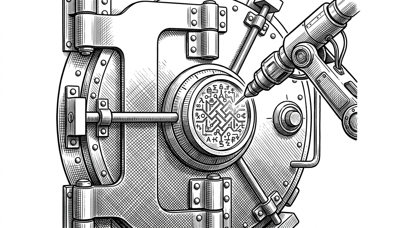 A close-up of a bank vault door where a precise industrial robotic arm is laser-etching a complex geometric cryptographic pattern. Represents the automated, forced generation of secure keys.