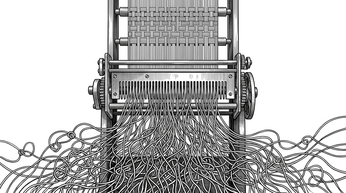 A massive mechanical loom processing chaotic threads into a perfect grid. Represents the transformation of complex infrastructure requirements into a validated, structured deployment file.