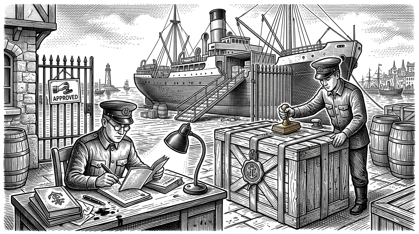 A harbor customs desk stops a sealed crate before it reaches a ship. The scene explains that the repo acts as a gatekeeper, checking a plugin submission before it can be packaged and uploaded.