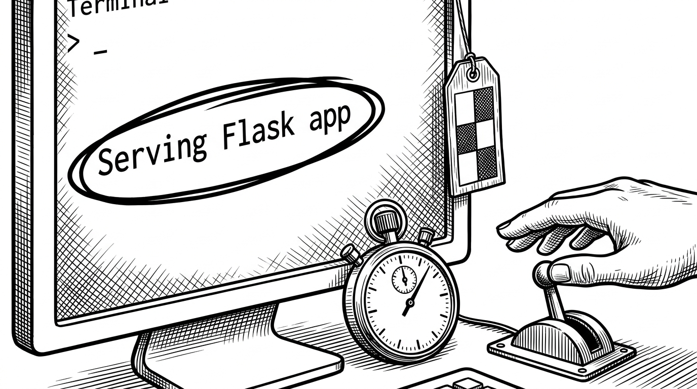 A terminal line reading Serving Flask app is circled beside a stopwatch, a semaphore tag, and a watchdog hand. The image explains how the validator synchronizes on a startup signal and kills the wait if the plugin never comes up.