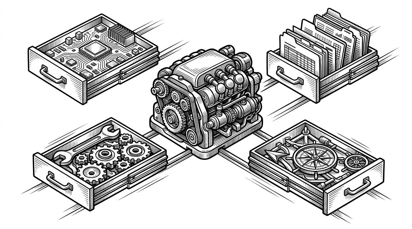 A sealed central engine sits at the center of the composition, with four removable mechanical modules orbiting it in a controlled layout. The scene explains how Dify keeps its core stable while volatile capabilities move into governed extensions.