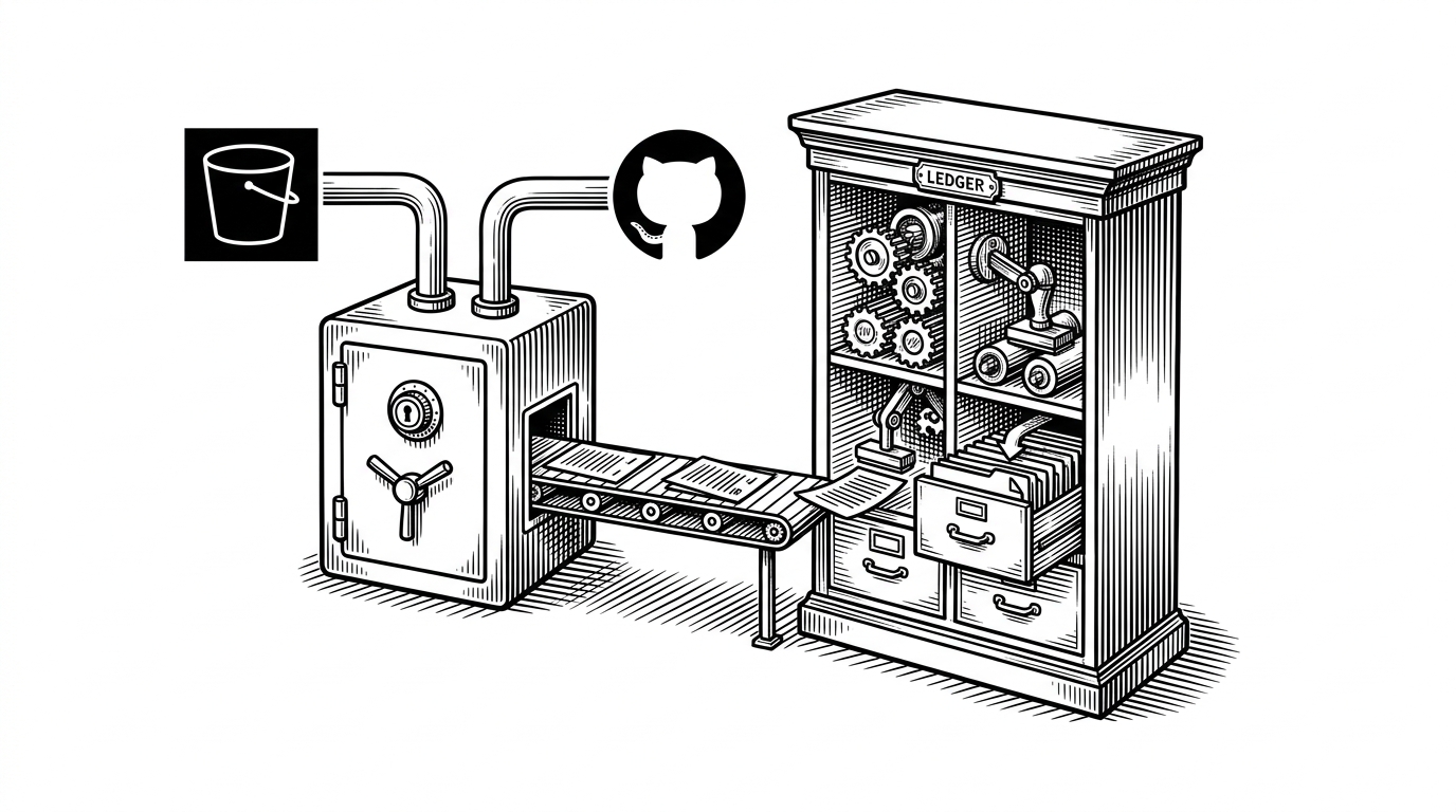 An S3 bucket and a GitHub repository feed into a lockbox, then into a ledger-like archive system. The scene explains how Dify turns external data into indexed material while handling pagination, rate limits, and transformation.