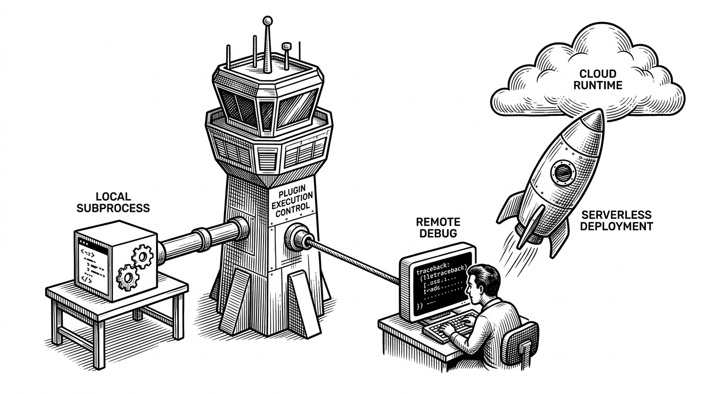 A central control tower routes three different plugin paths across a white field. One path feeds a boxed local process on a workbench, one connects to a remote debug terminal through a taut cable, and one launches a sealed container toward a cloud platform. The image explains how one daemon can manage distinct execution modes without changing the plugin model.