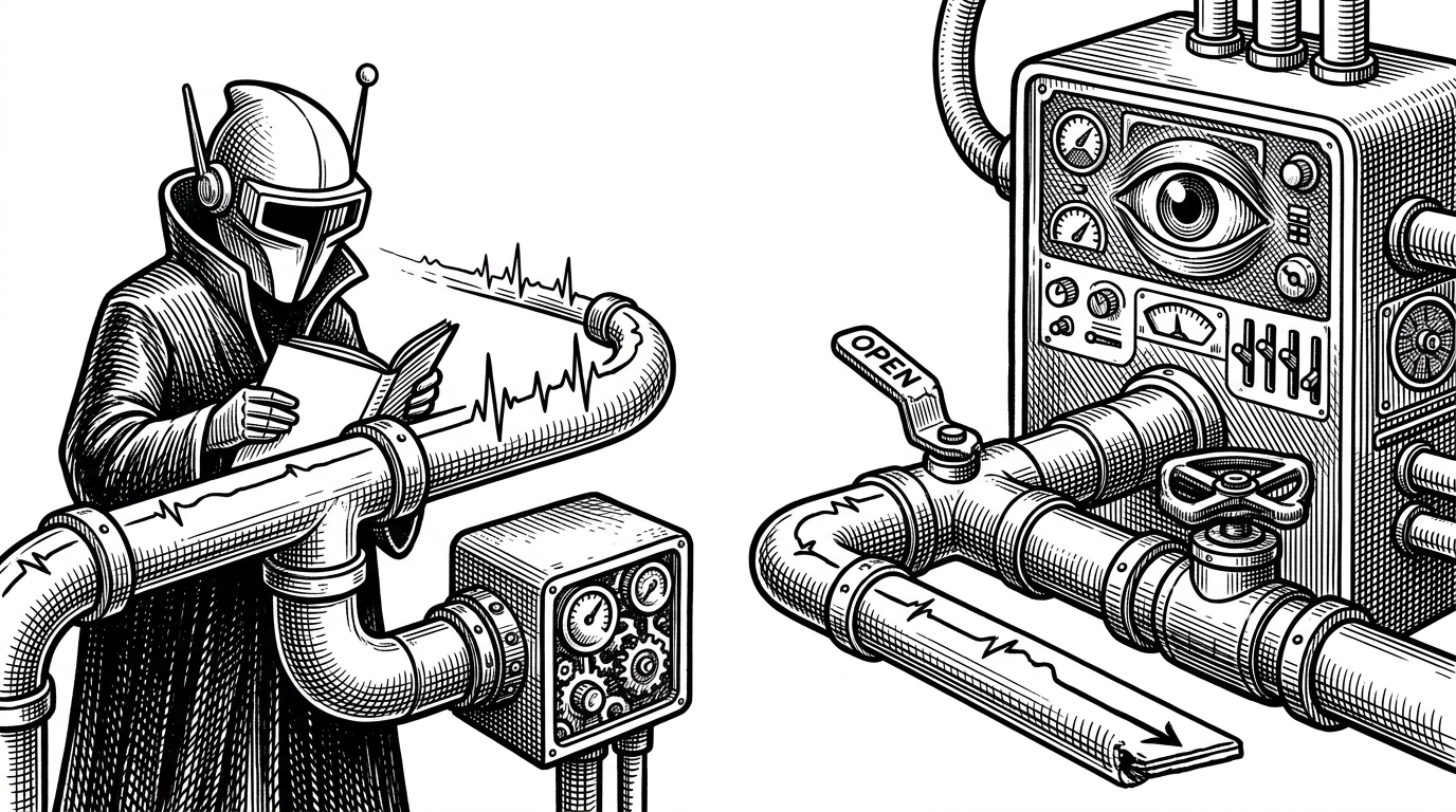 A close-up view of a metal pipe carrying signals between a small runtime box and a watchful control unit. One valve is cracked open, another is sealed, and a thin stream of black ink marks the heartbeat of the process. The image explains why STDIN and STDOUT are not just transport, but part of the daemon's lifecycle logic.
