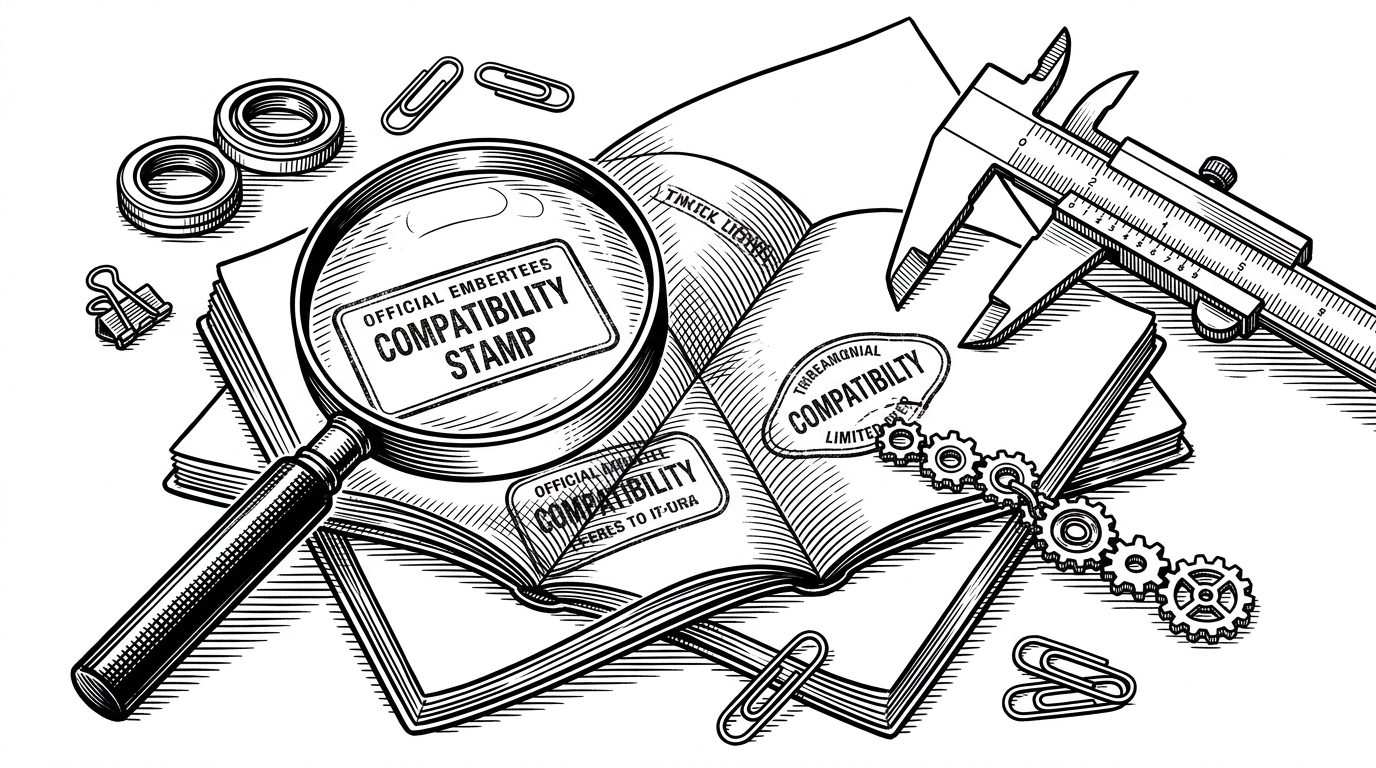 A close-up of a booklet under a magnifying glass, with compatibility stamps, measuring tools, and stacked seals around its edges. The image explains that version fields in the manifest act like the gatekeepers of the plugin ecosystem, deciding what can enter safely.