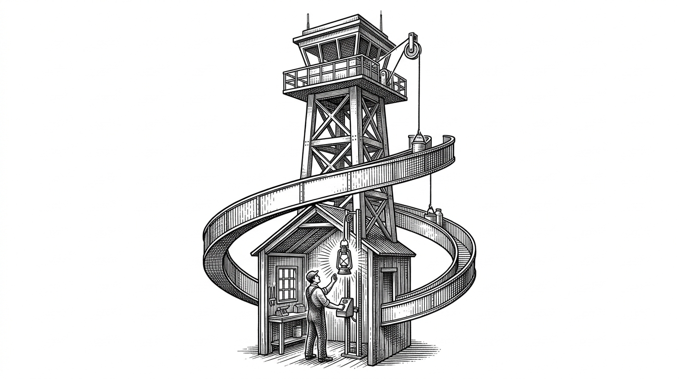 A small workshop sits inside a larger control tower, linked by a looped bridge that runs out and back again. The scene shows that the plugin boundary is bidirectional, because a plugin can reach back into Dify instead of stopping at the first outbound call.
