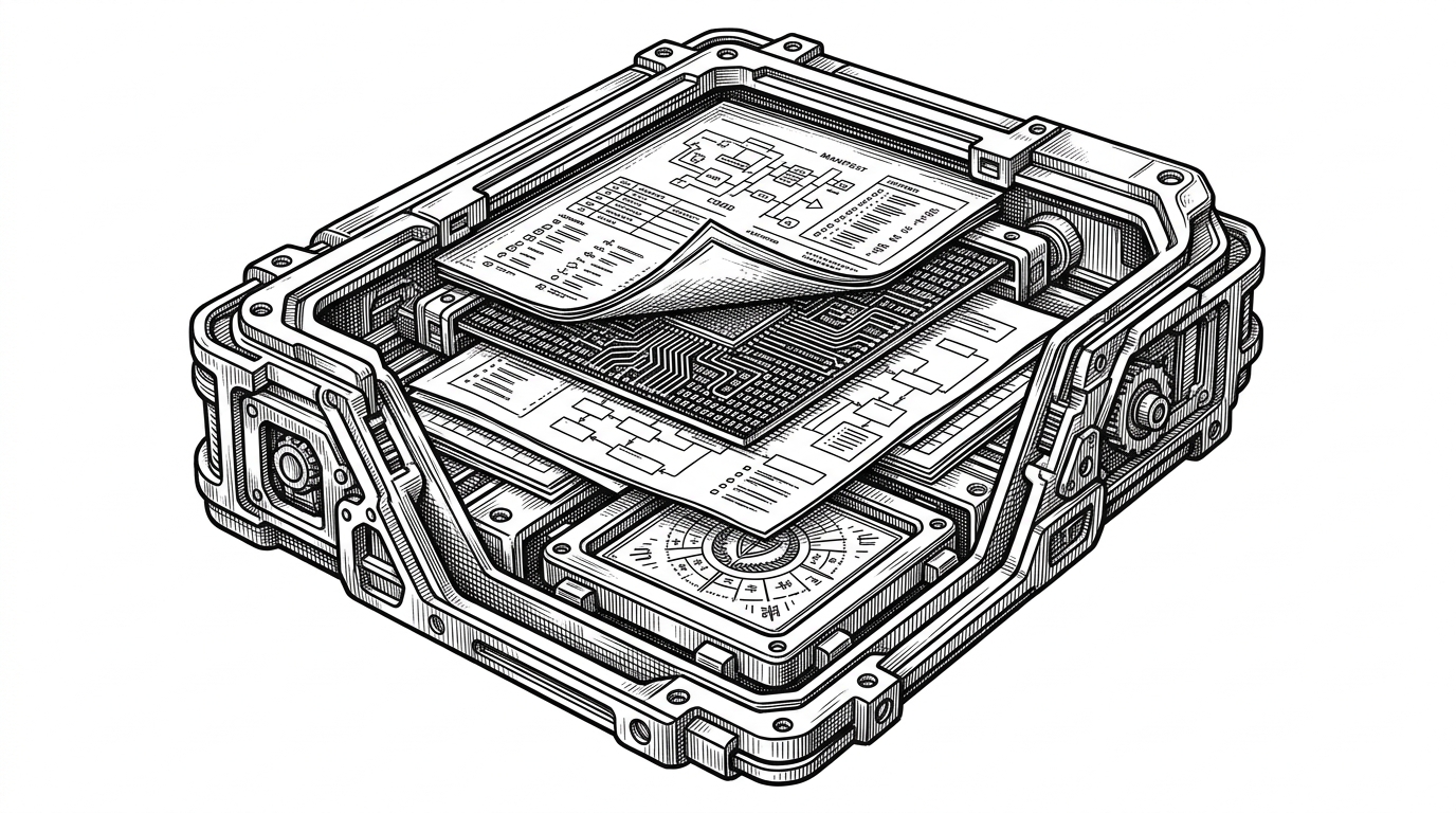 A close-up cutaway of a sealed package showing layered parts inside it. The illustration explains how a `.difypkg` contains a manifest, code, dependencies, and assets as one reviewable unit.