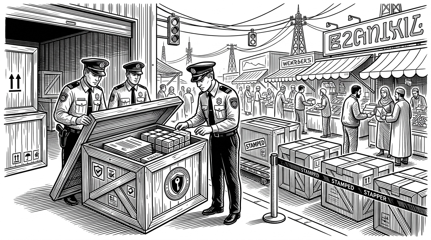 A crowded customs checkpoint where inspectors examine sealed cargo crates before they move onto a marketplace conveyor. The scene explains that this repo is less a plugin dump and more a governed distribution system with automated review at the center.