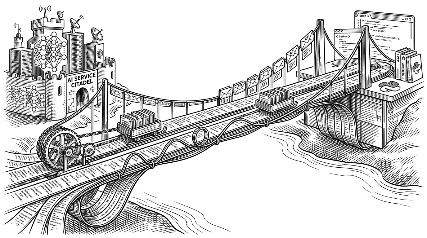 A suspension bridge connects a hosted AI service on one side to a Python workbench on the other. It turns a remote platform boundary into something a developer can cross with ordinary application code, which is the article’s core idea.