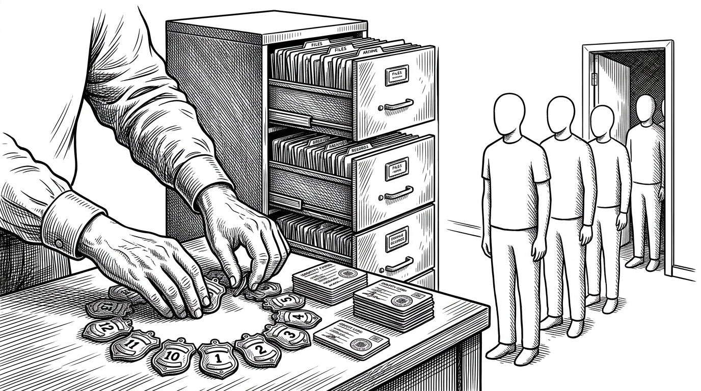 A close-up administrative scene shows a queue of identical blank figures being issued numbered brass badges beside a crowded ledger and a locked filing cabinet. It explains how the sandbox has to mint believable identities for runtimes that expect ordinary users, not just block dangerous syscalls.