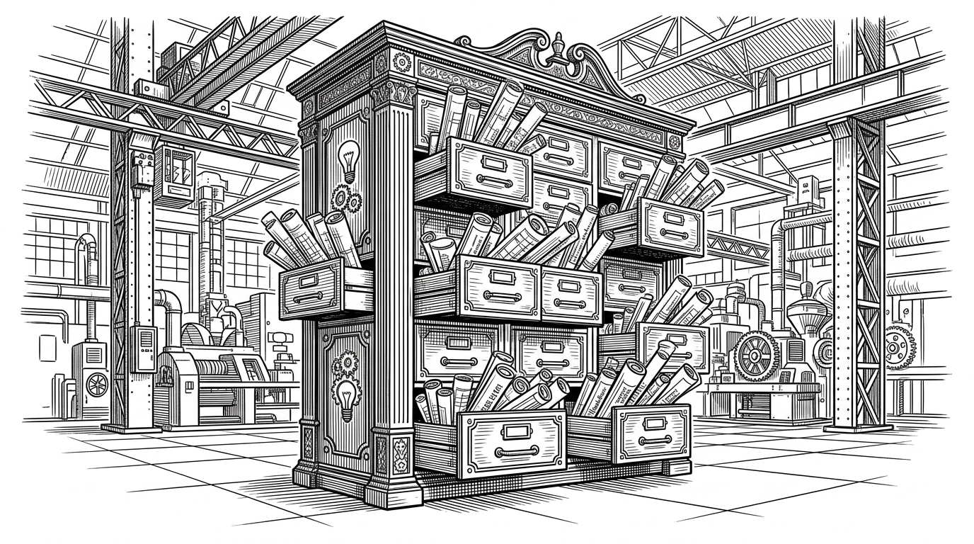 A massive ornate wooden filing cabinet sitting in the middle of a sterile modern factory floor, with drawers slightly open revealing glowing blueprints.