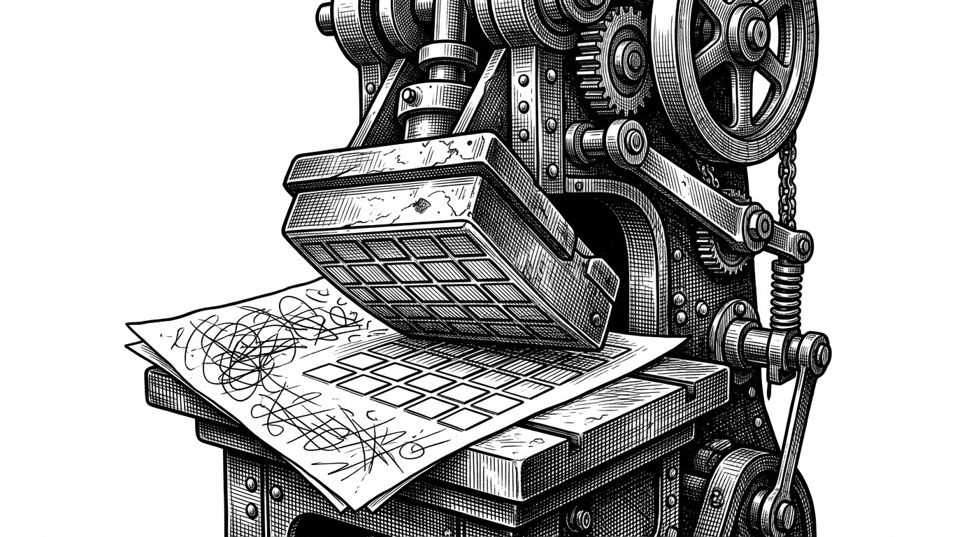 A close-up of a heavy industrial metal stamping press embossing a rigid distinct grid pattern onto a blank chaotic sheet of paper.