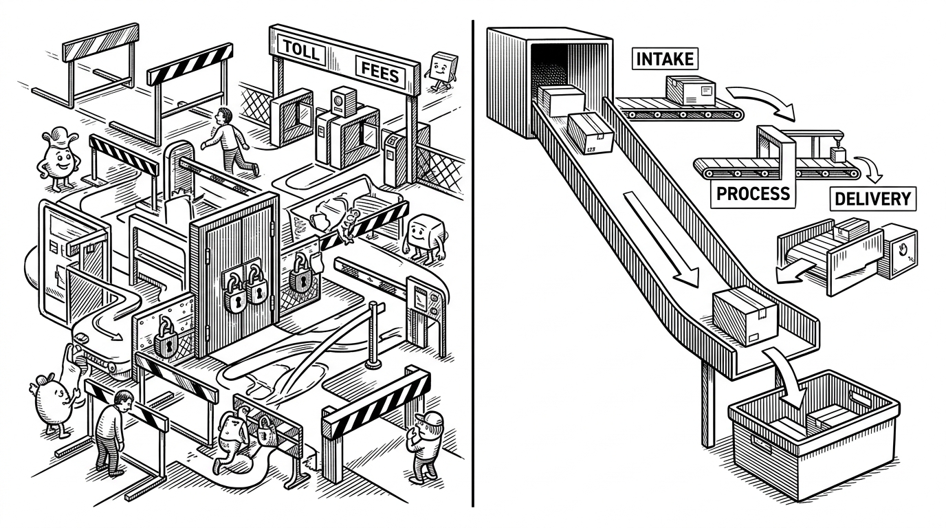 A split-screen showing a complex obstacle course on the left and a smooth single-lane chute dropping a package into a sorting bin on the right.