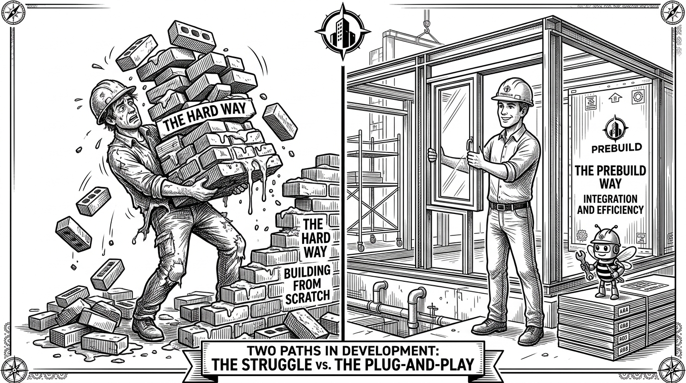 A split view showing a developer struggling with loose bricks on the left, and a developer in a pre-fab construction site on the right.