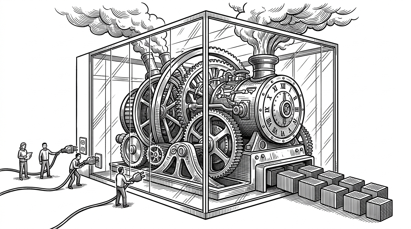 A massive clockwork engine inside a glass building, with developers plugging cables into its exterior.