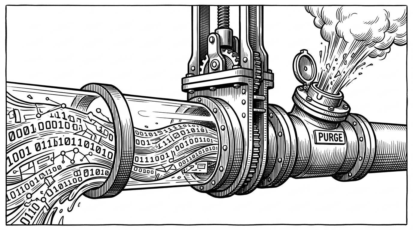 A close-up of a glass pipe with a mechanical gate that slams shut after a pulse of water, followed by a purge valve opening.