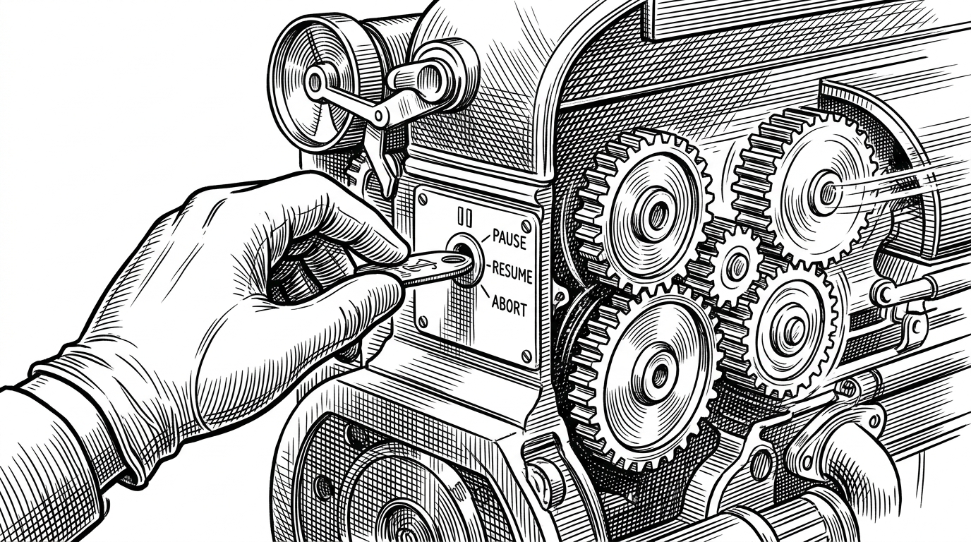 A close-up black-ink scene of a sealed control token entering a side port on a running machine while one branch freezes and another keeps moving. It shows how Graphon treats pause, resume, and abort as outside commands, not special-case code hidden inside a node.