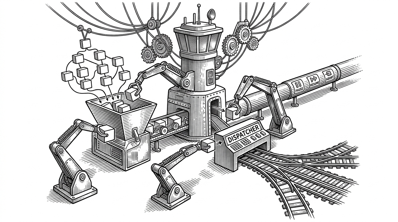 A wide engine room rendered in black ink on white, with suspended graph nodes feeding into a queue, workers pulling jobs, and branching rails spreading across the frame. The scene explains that Graphon is about scheduling, state, and control flow, not just drawing a prettier workflow diagram.
