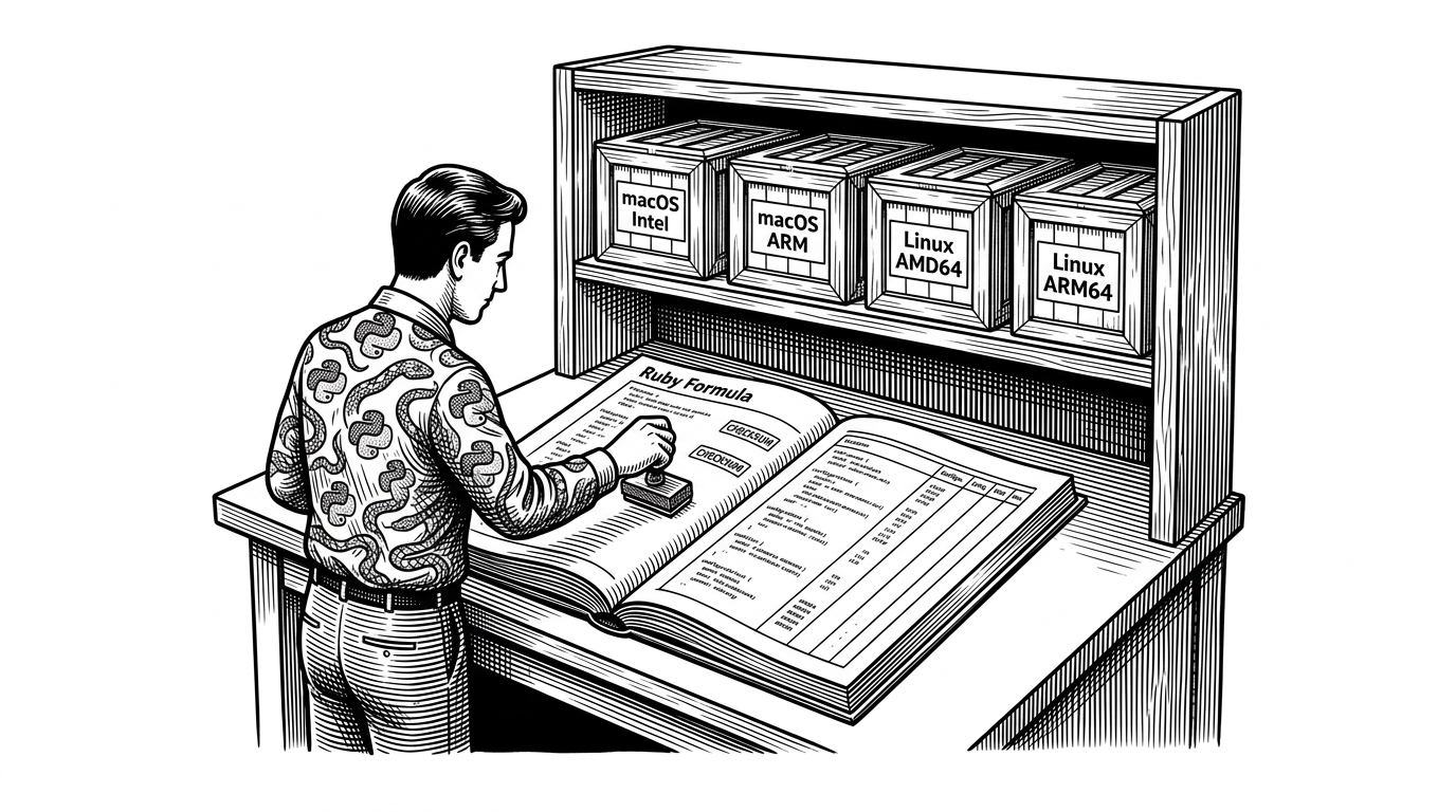 A black ink workshop scene on a pure white background. A clerk stamps checksum entries into a Ruby ledger while four binary crates sit on shelves labeled for macOS and Linux architectures. It shows how the tap turns distribution into a repeatable release machine.