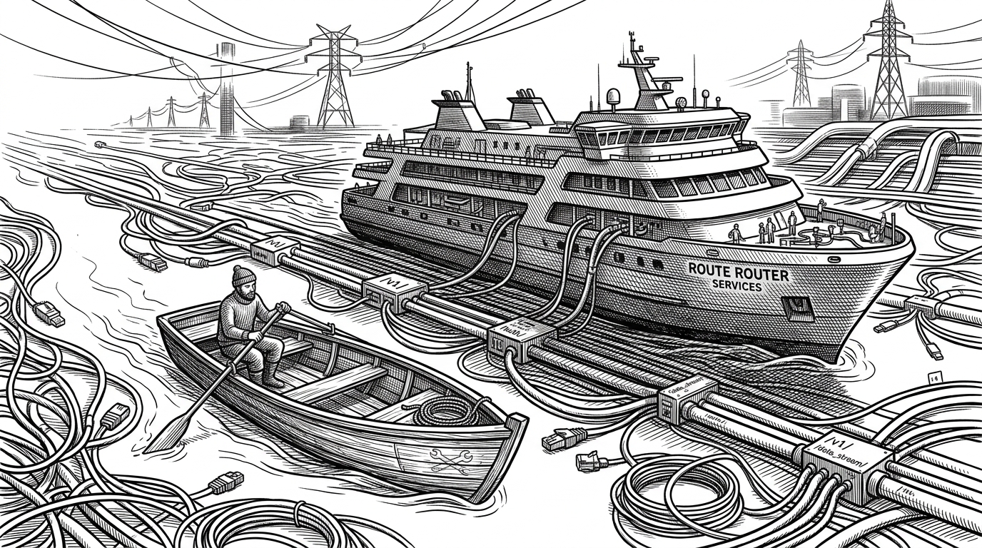 A small hand-built skiff moves beside a much larger ferry on a river made of tangled cables and plugs. The scene explains the article's thesis: a narrow provider-specific wrapper can be useful, but a broader interface now looks like the more obvious route.