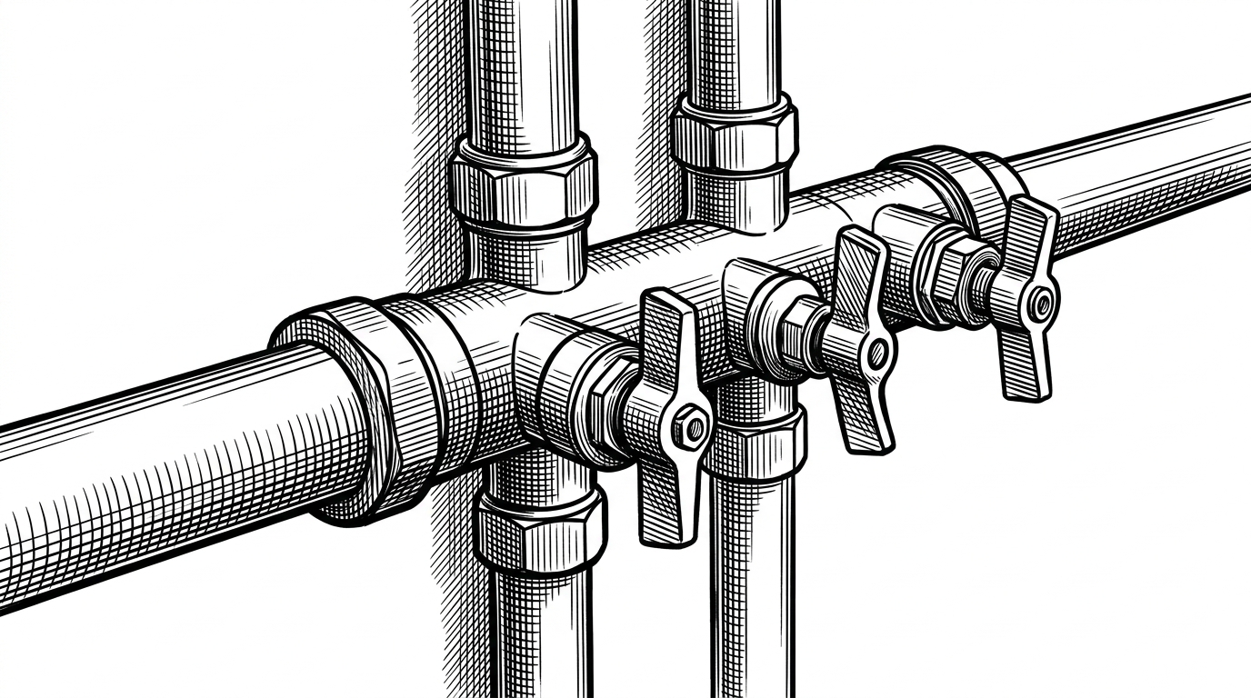 A close-up view of a brass manifold mounted to a wall, with one thick pipe entering from the left and three narrower pipes leaving in different directions. The image explains how a single request path can feed multiple client facades without turning the SDK into a large framework.