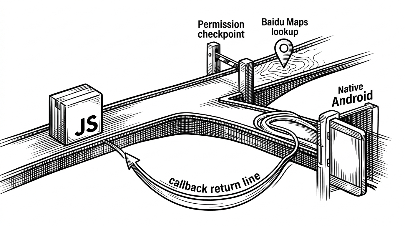 A tight bridge carries a JS request from one side into native Android work on the other. The request splits into permission handling, map lookup, and callback return, showing the exact path from web action to native response.