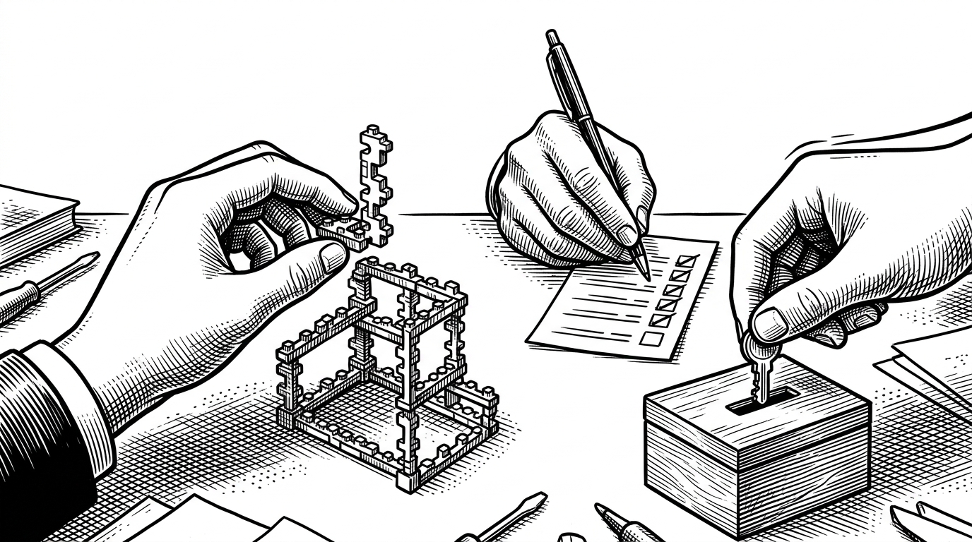 A close-up of two hands assembling a request chain from small interlocking pieces, with a checklist beside it and a key dropping into a slot marked by a blank token shape. The image explains how the fluent builder pattern reduces footguns by making required fields and request shape easier to see.