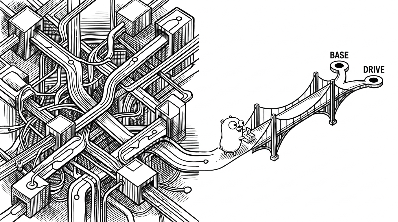 A split scene contrasts a sprawling platform atlas on the left with many routes and endpoints, and a precise bridge on the right that connects Go code only to Base and Drive. The image explains the repo's market position: narrower than general-purpose SDKs, but cleaner for one workflow.