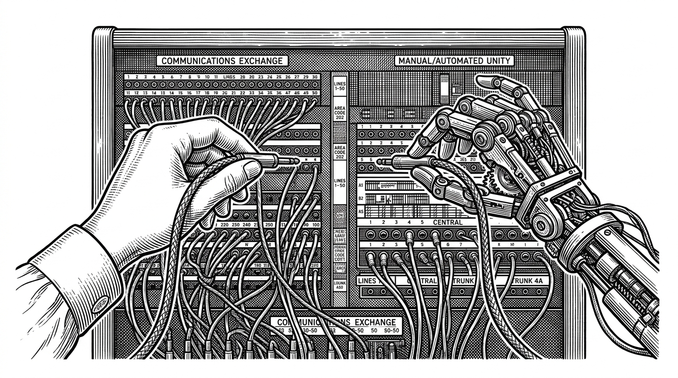 A vintage telephone switchboard operated simultaneously by a human hand and a mechanical armature, symbolizing a system built for both humans and AI agents.
