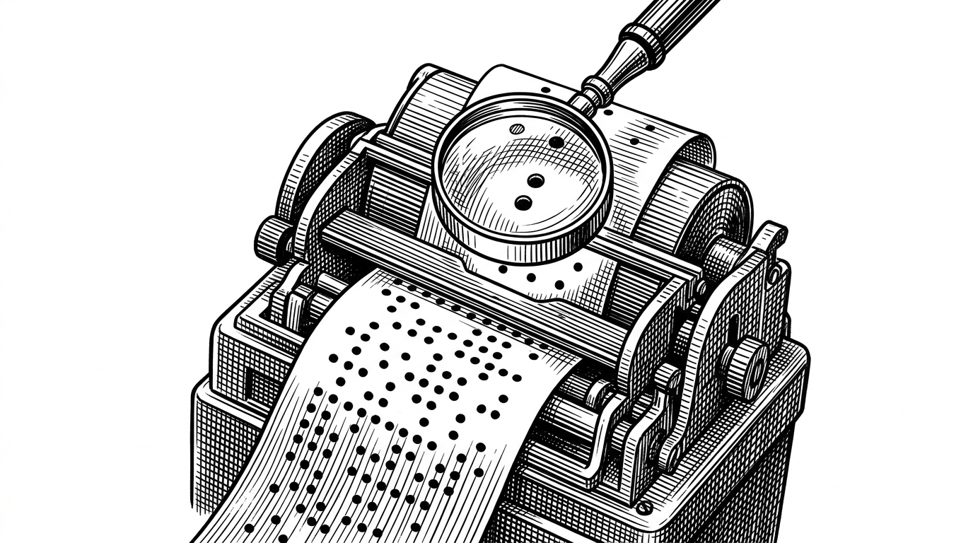 A vintage ticker-tape machine printing a structured grid of punched holes, with a mechanical magnifying glass illuminating one specific hole.