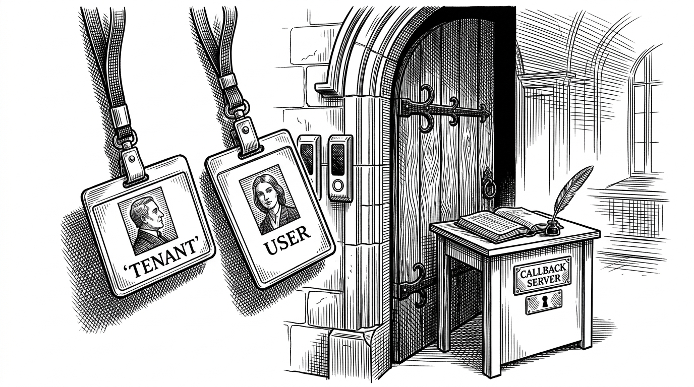 Two access badges face a secure doorway, one marked tenant and the other marked user. A temporary callback desk sits just behind the door, showing that login is completed locally before the request passes through. The image explains how the repo turns identity into a routing problem instead of a manual setup chore.
