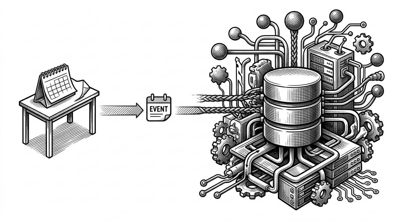 A split composition contrasts a lightweight calendar sidecar with a denser GitLab integration stack. The image shows that the same template can support quick local sync on one side and a more durable webhook workflow on the other.