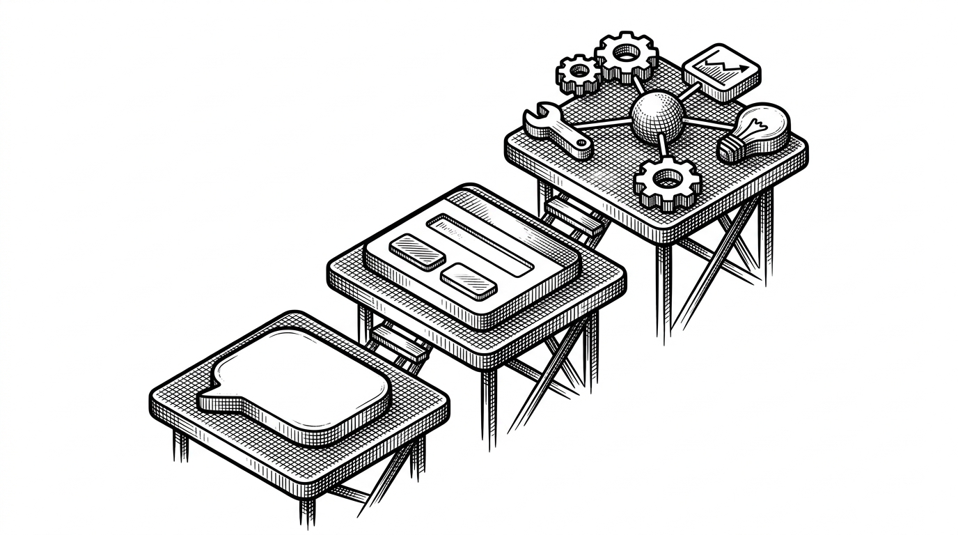 Three ascending platforms form a ladder from a plain text bubble to an interactive card to a tool-using agent node. The image explains the repo as an evolution rather than a folder dump.