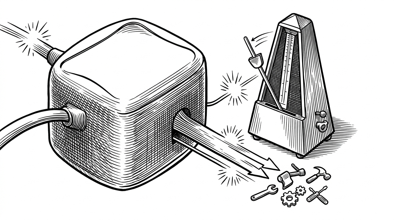 A model conversation feeds into a cluster of tool icons while a metronome controls the rhythm of updates. The image explains that the agent is a coordinator, not a wizard, and that rate limiting is part of the design.