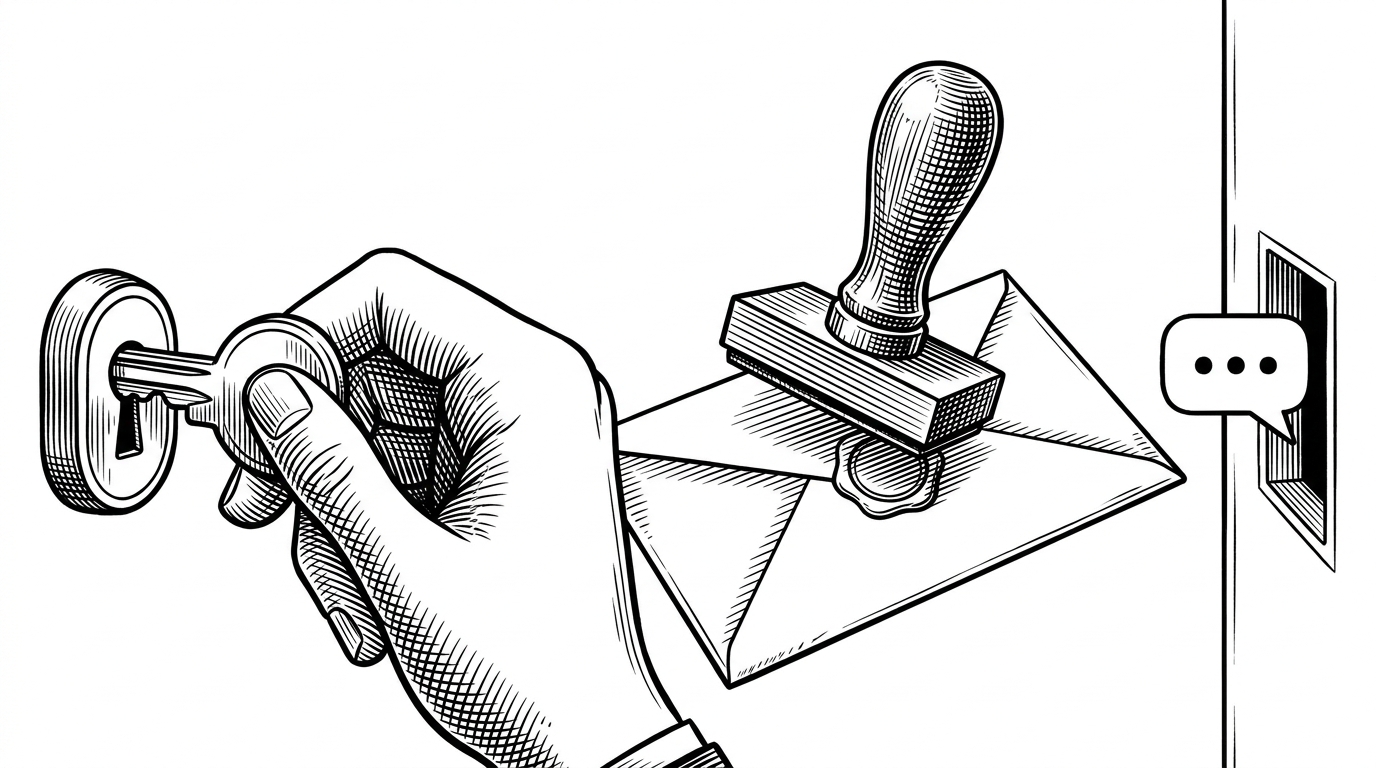 A close-up editorial scene shows a hand fitting a key into a lock, a stamped webhook envelope, and a small bot response emerging at the edge of the frame. It maps the hidden work of authentication, verification, and response handling into one compact sequence.