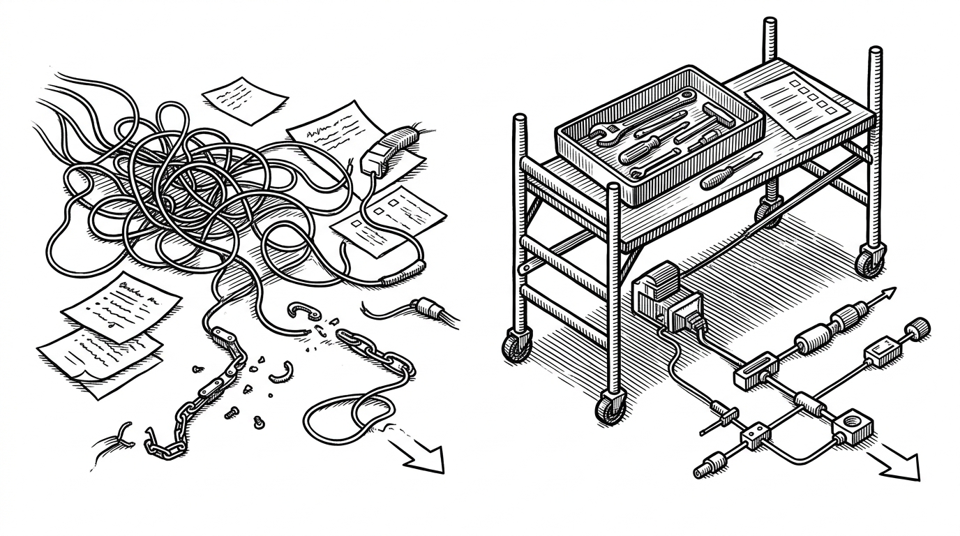 A split editorial scene contrasts a tangled knot of notes and wires with a tidy tray of tools and a clean checklist. It shows the difference between ad hoc integration and an official scaffold that reduces first-mile friction.
