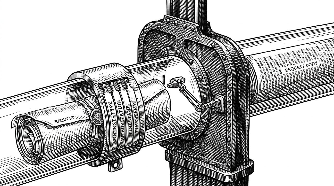 A transparent tube carries a request body and a row of headers through a checkpoint gate. The body remains sealed and readable on the other side, illustrating why the adapter must preserve raw bytes before verification begins.