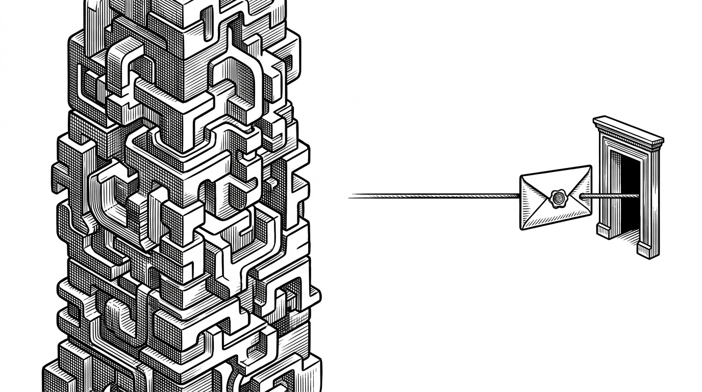 A split scene contrasts a tall stack of nested builder blocks with a single direct request wire aimed at an API gate. It explains the repo's trade-off between type-safe SDK builders and the raw escape hatch for endpoints that are easier to call directly.