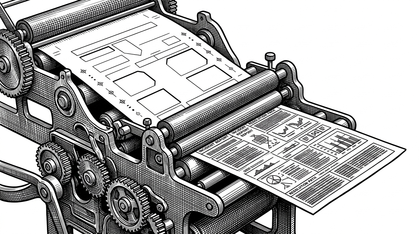A medium-distance print-shop scene shows a reusable JSON card template being pressed into a live incident card. It explains why the repo treats card design as a template with runtime substitutions instead of a Go-specific UI builder.