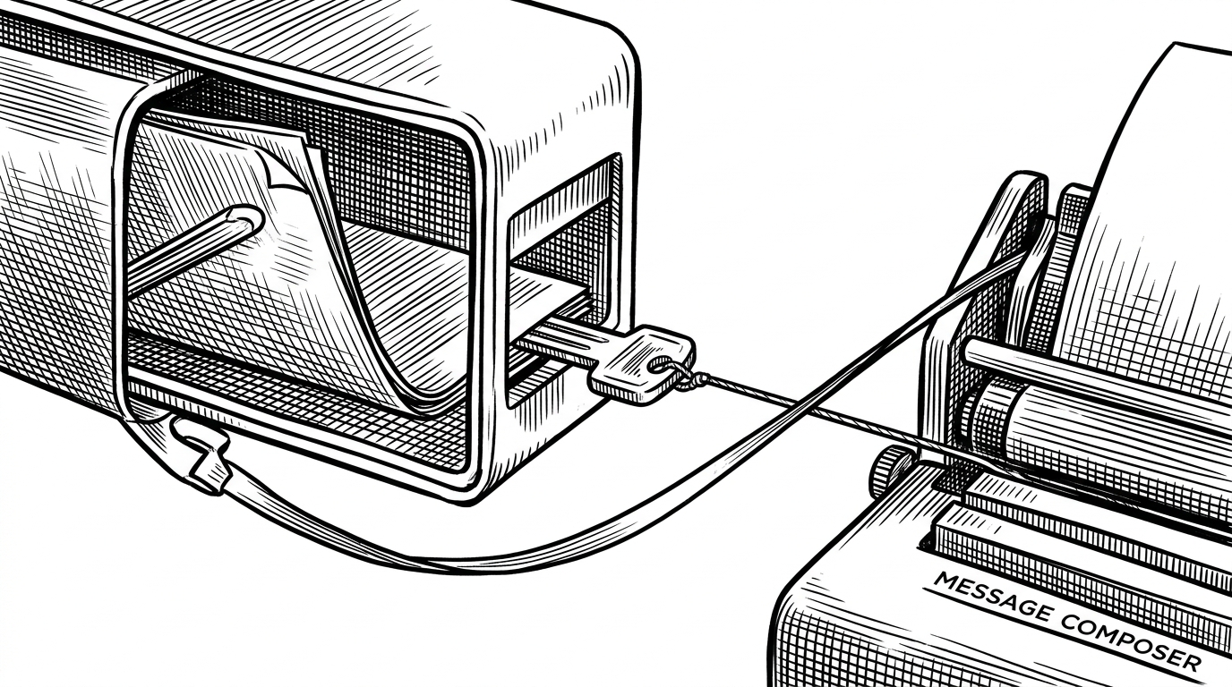 A close-up mechanism shows a file passing through one chamber, becoming a token, and then crossing a taut thread into a message composer. The scene explains how one user intent fans out into multiple API calls while still keeping traceability intact.