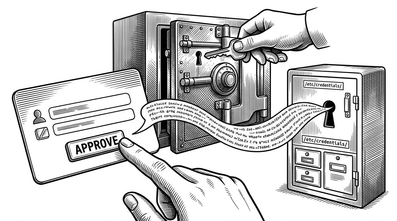 A tight close-up of an approval button, a vault key, and a stream of text leaving a chat card. The image explains that the system pairs human sign-off with secure credential handling. It shows safety as part of the workflow, not an afterthought.