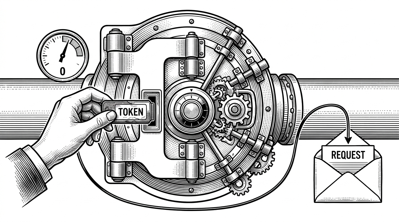 A close-up of a vault door with a countdown dial and a hand swapping in a fresh token cartridge before expiry. It shows how the client refreshes credentials early instead of waiting for a request to fail.