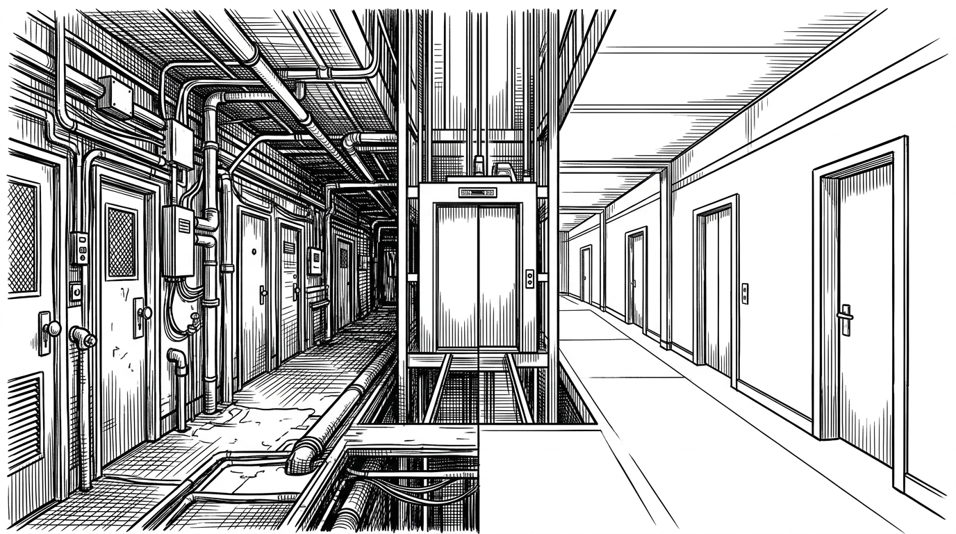 A split corridor with a crowded older service wing on the left and a leaner newer wing on the right, both feeding the same center. It explains V1 and V2 as deliberate coexistence, not accidental duplication.