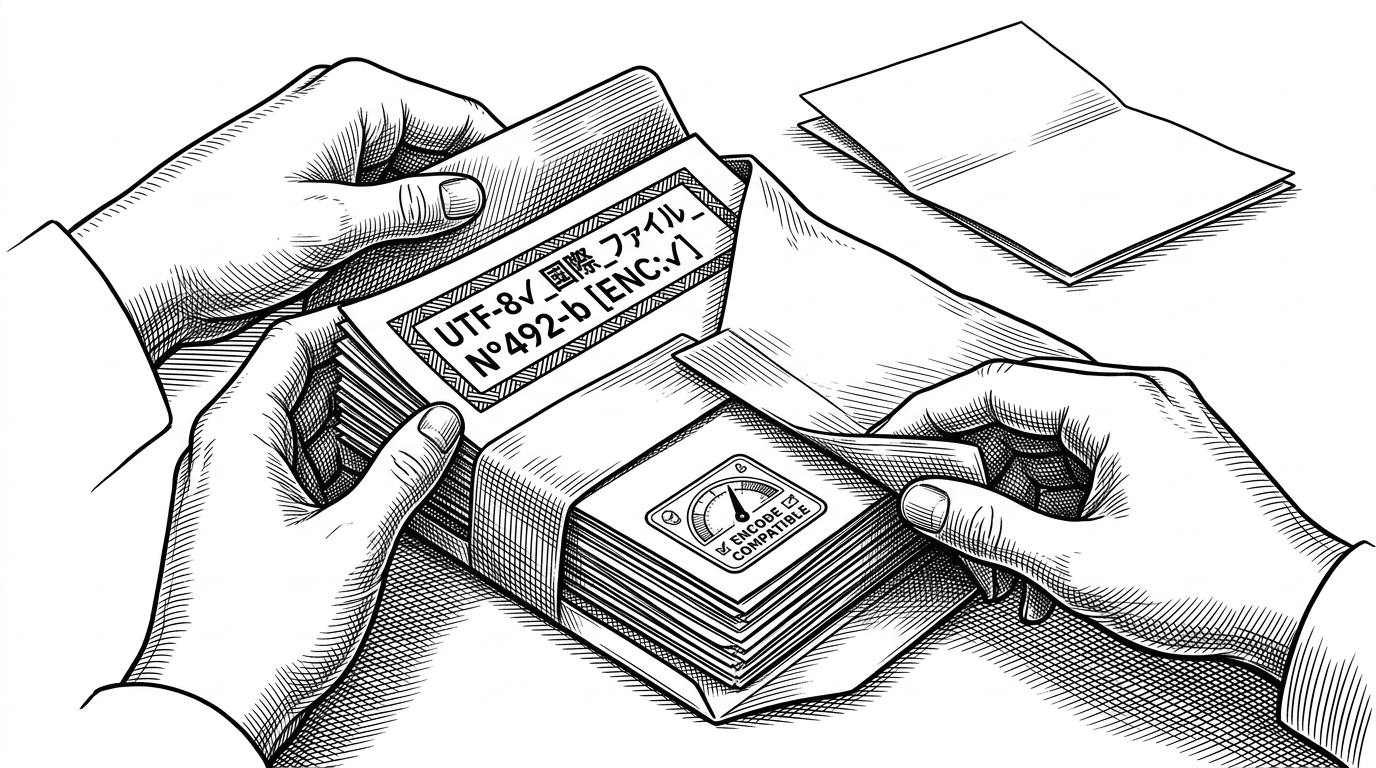 A file with a tricky international filename is carefully wrapped into a multipart envelope while a small gauge confirms encoding safety. The scene contrasts the fragile nature of uploads with the SDK's attempt to make them predictable and compatible.