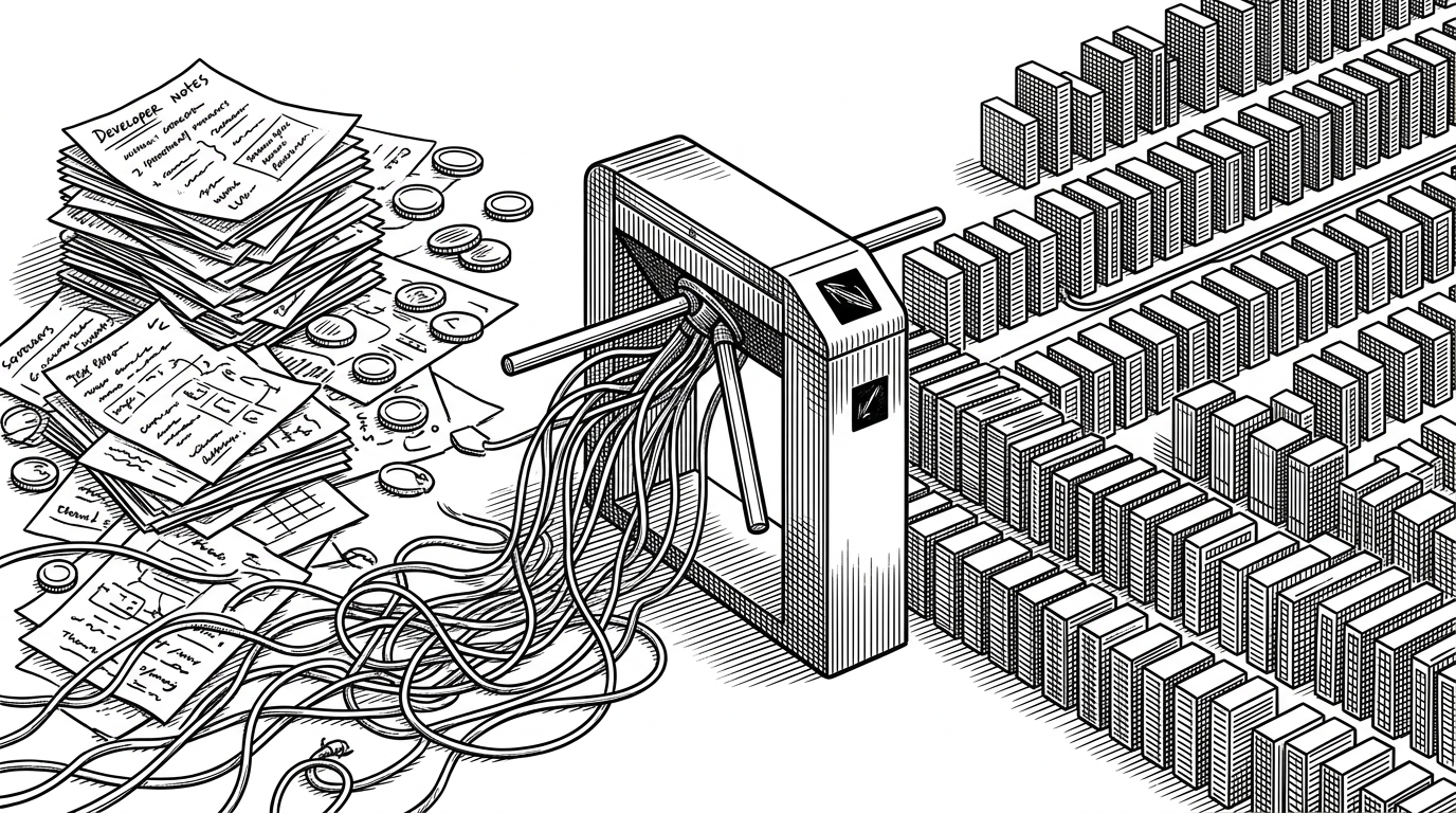A guarded gateway divides a messy path of handwritten notes, loose tokens, and tangled wires on one side from a disciplined corridor of authenticated API traffic on the other. The image explains why an official SDK matters: it controls the handoff from caller intent to platform policy.