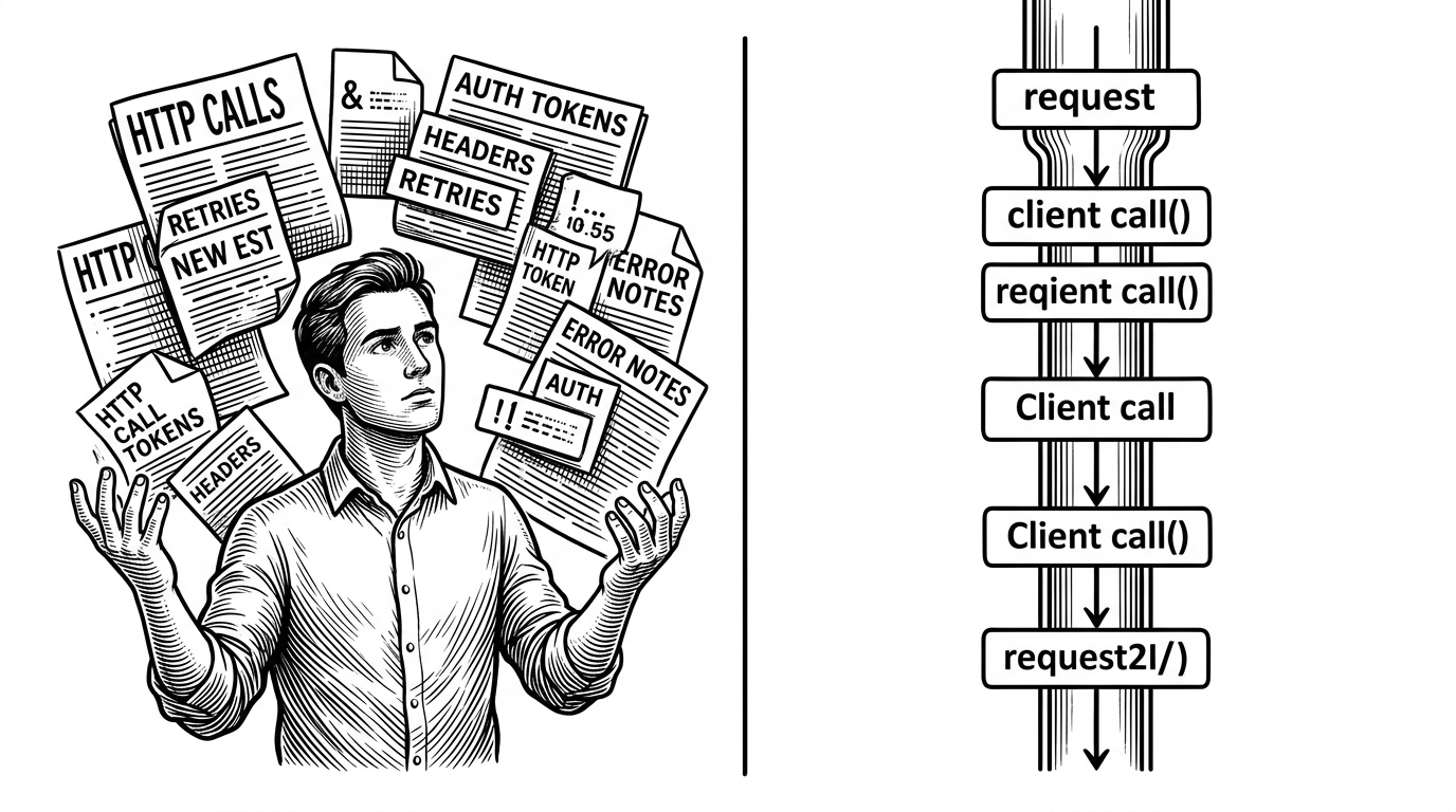 A split scene shows a developer on the left juggling tokens, headers, retries, and request fragments, while the right side reduces the same job to a single neat client call. The comparison explains how the SDK compresses scattered integration chores into one controlled path.